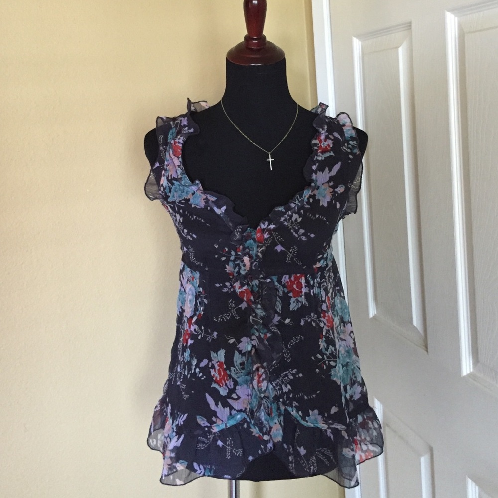 Vintage Blue Multi Color Floral Ruffle babydoll style TOP